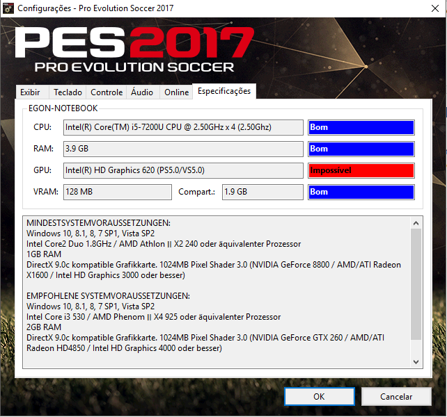 PES 2017 não roda direito na minha configuração - Quais jogos meu PC roda?  - Clube do Hardware