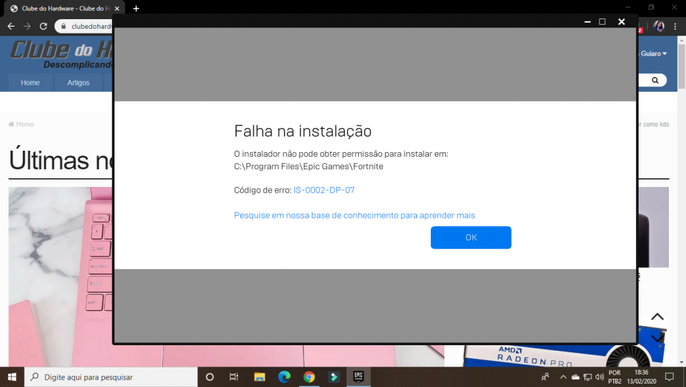 Erro na instalação do launcher da epic games. - Jogo não roda ou dá erro -  Clube do Hardware