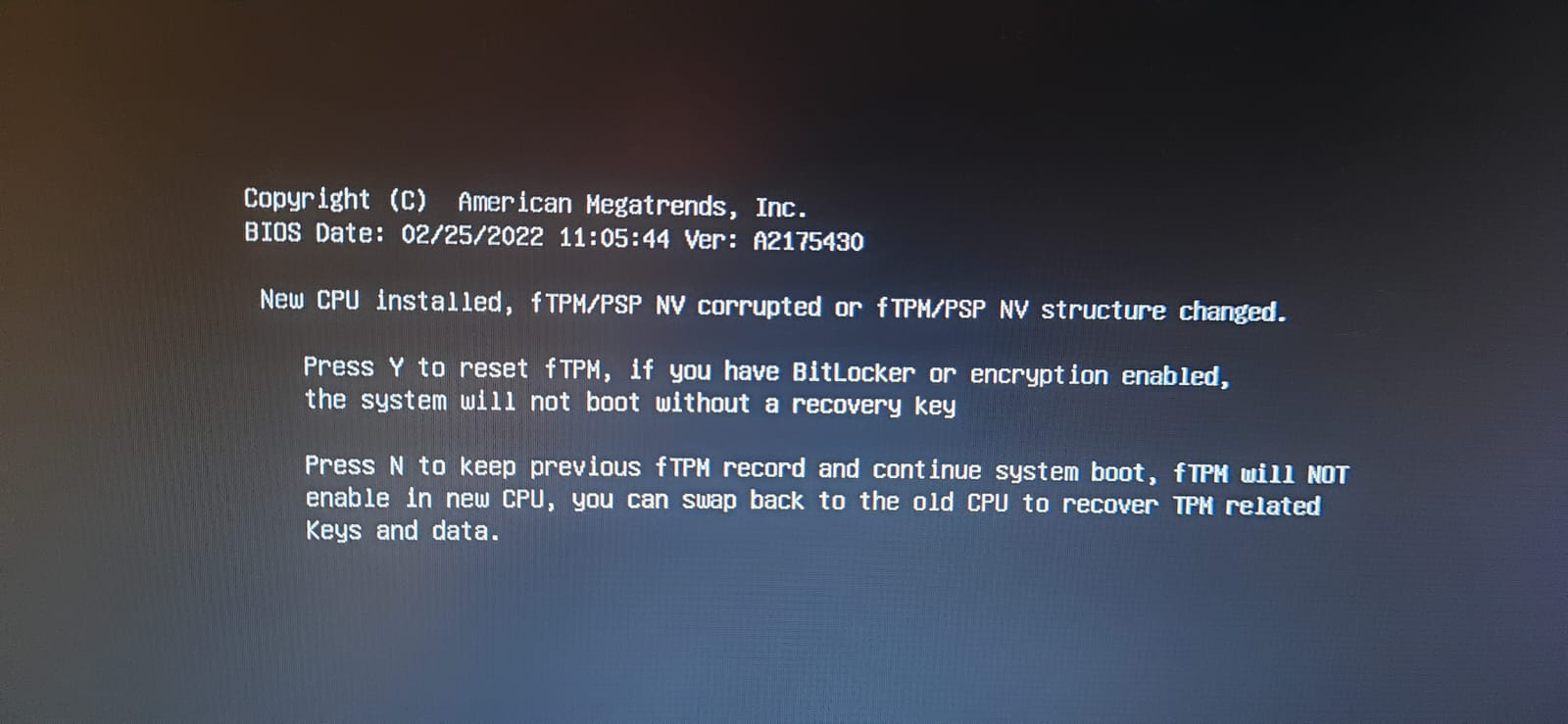 New CPU Installed, fTPM/PSP NV corrupted or fTPM/PSP NV structure changed Processadores