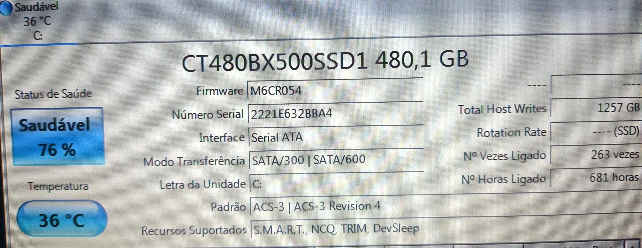 ssd 76% vida util bx500 - HD, SSD e NAS - Clube do Hardware