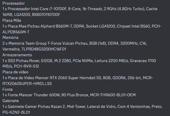 PC Pichau Gamer, AMD Ryzen 5 5600, GeForce RTX 2060 6GB, 8GB DDR4, SSD 240GB
