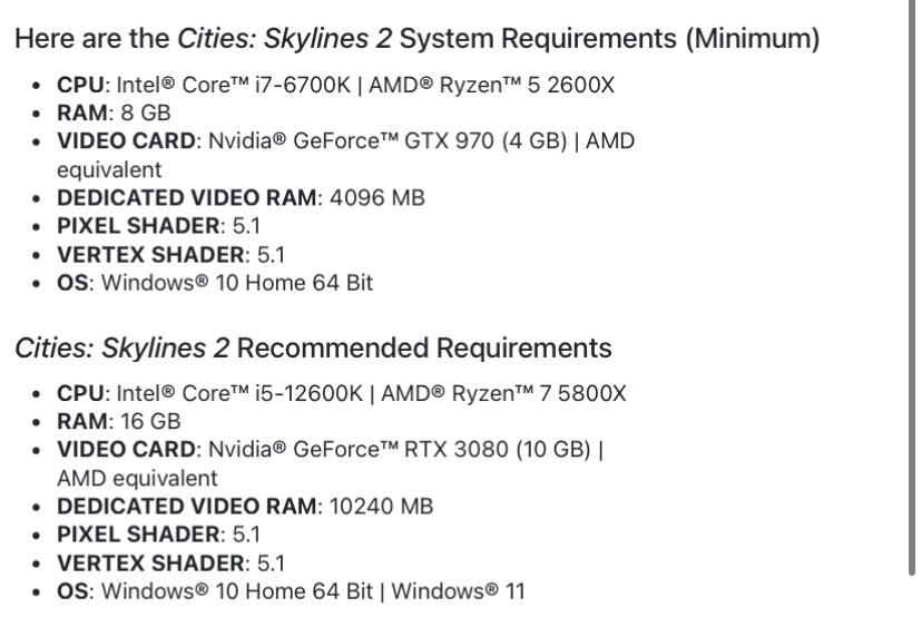 Cities: Skylines 2 System Requirements - PC Specs