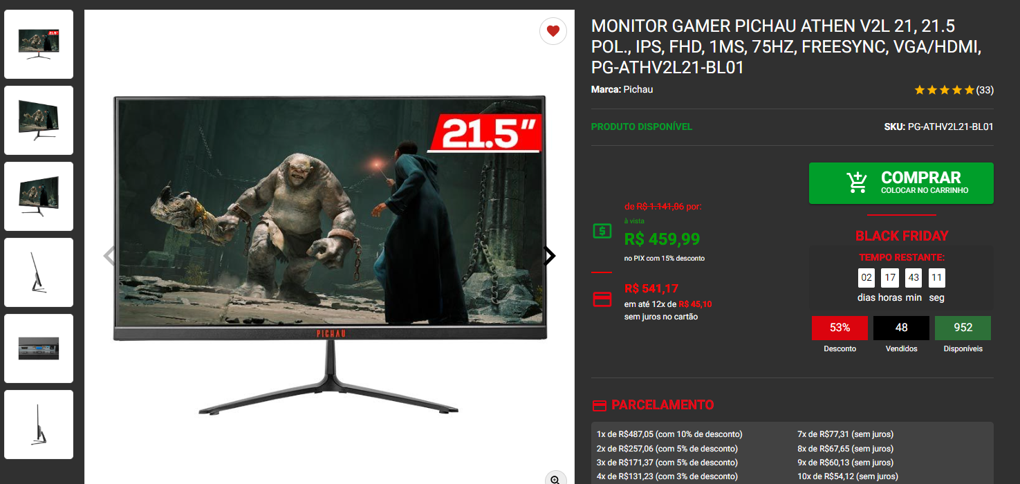 Monitor Gamer Pichau Athen V2L 21, 21.5 Pol., IPS, FHD, 1ms, 75Hz,  FreeSync, VGA/HDMI, PG-ATHV2L21-BL01 - Faz a Boa!