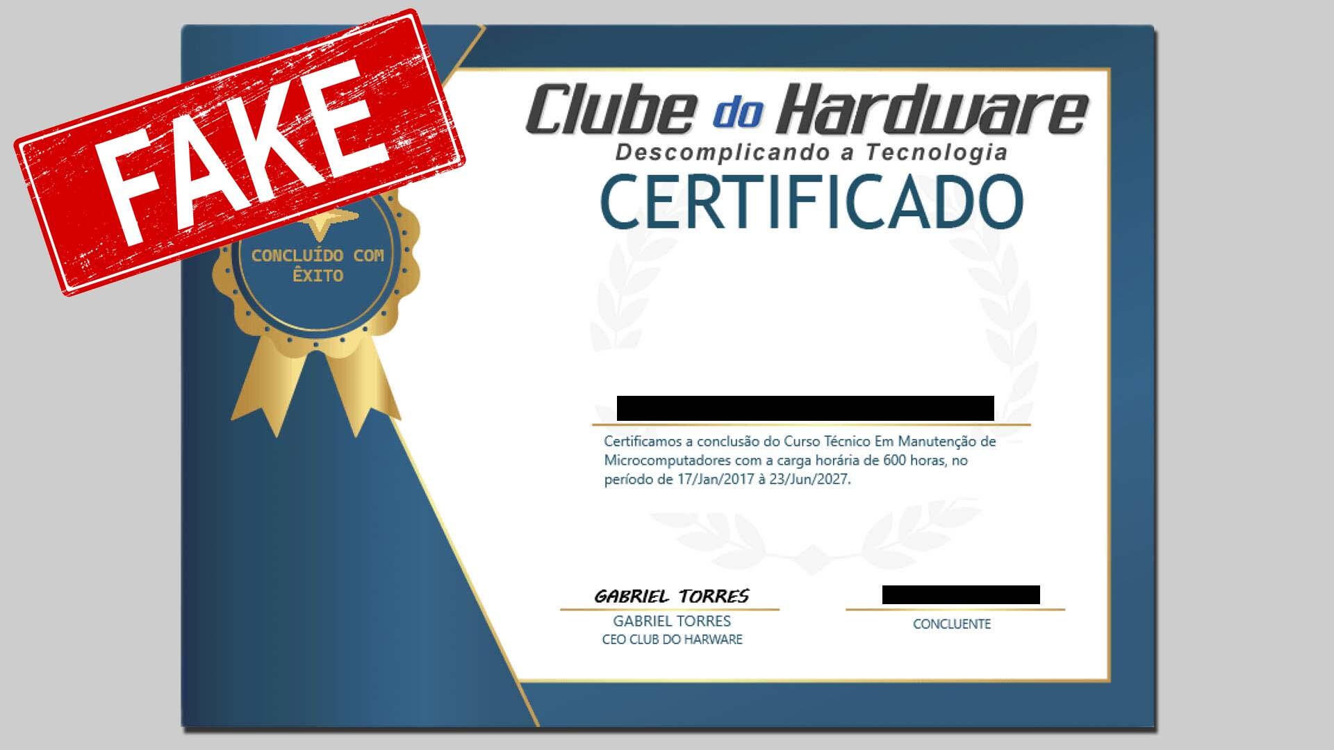 Certificado falso do Clube do Hardware